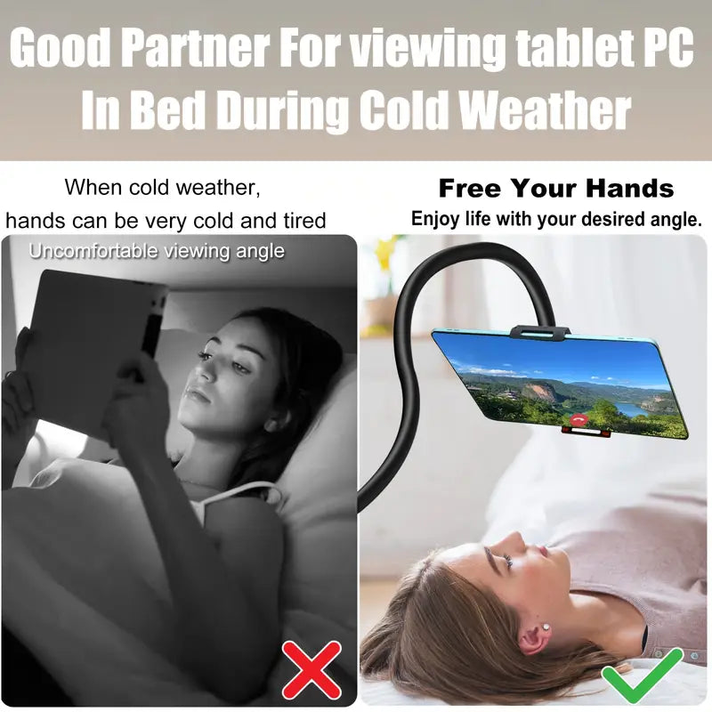 Tablet and smartphone holder, thick aluminum magnesium alloy flexible arm goose neck tablet holder, suitable for bed, headboard, table, sofa, lying down use, 360° rotation, compatible with iPad Mini Pro Air, Kindle, Switch, Galaxy Tabs, and other devices